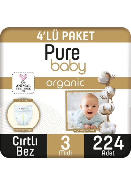 Pure Baby Organik Pamuklu Cırtlı Bez 4'lü Paket 3 Numara Midi 224 Adet