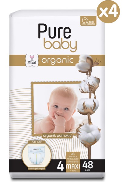 Pure Baby Organik Pamuklu Cırtlı Bez 4'lü Paket 4 Numara Maxi 192 Adet