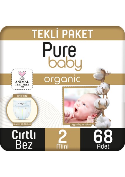 Pure Baby Organik Pamuklu Cırtlı Bez Tekli Paket 2 Numara Mini 68 Adet