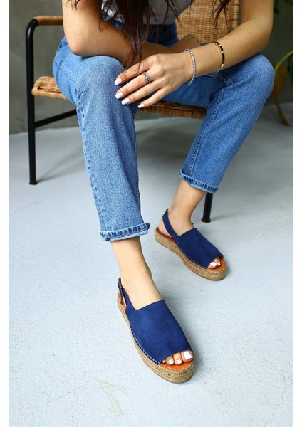 Arya Kot Mavi Süet Hakiki Deri Kadın Espadril Sandalet modelleri