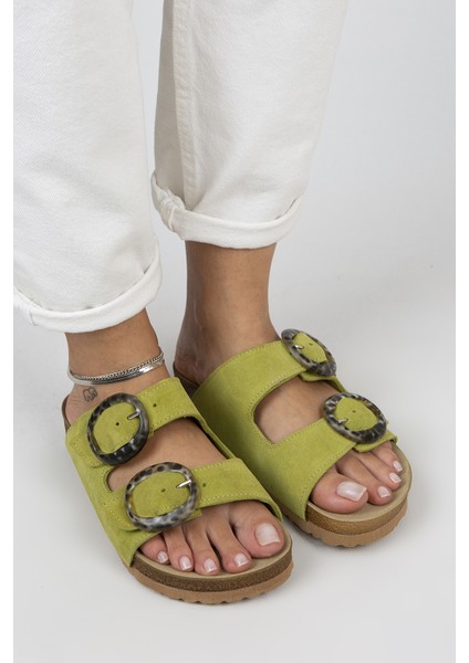 Drina Kadın Deri Çift Tokalı Fıstık Yeşili Terlik modelleri