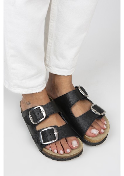 Irene Kadın Deri Çift Tokalı Siyah-Gümüş Terlik modelleri