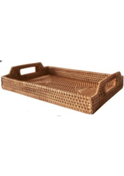 Rattan Dokuma Servis Tepsileri Kolu Dikdörtgen El Yapımı Dokuma Tepsi Snack Plaka Rattan Dokuma Sepet Meyve Snack Ekran Tepsisi | Depolama Tepsileri (Ler)