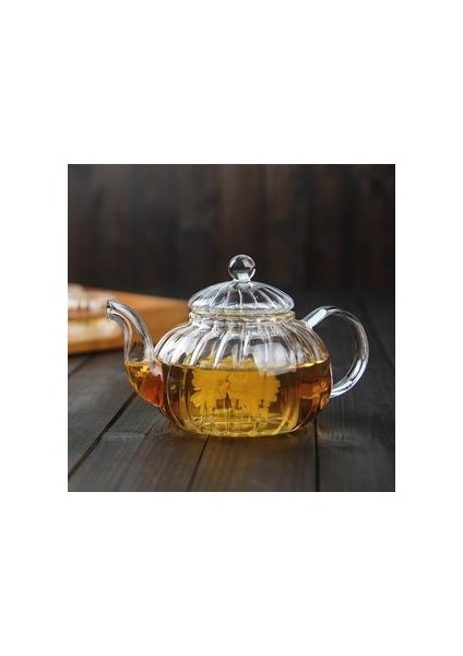 Kabak Şekli Çiçek Demlik Cam Çaydanlık Demlik Çay Yaprak ile Bitkisel Isıya Dayanıklı Cam Pot | Çaydanlıklar (600ML)
