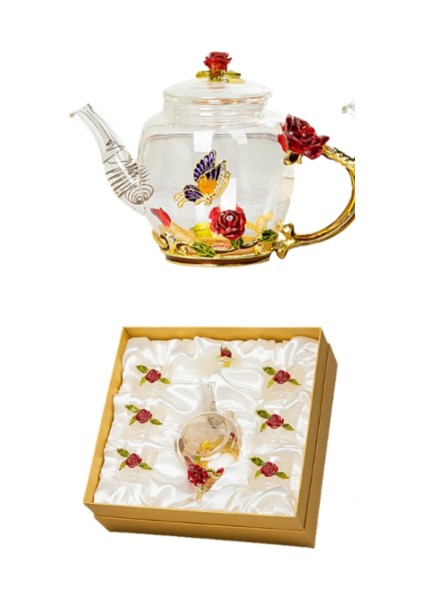 Cam Çaydanlık Emaye Gül Çiçek Kelebek Dekorasyon Isıya Dayanıklı Cam Çamaşır Kettle Blooming Te | Çaydanlıklar