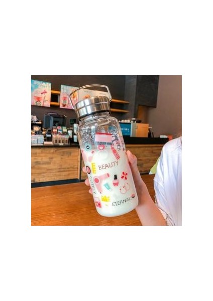 Moda Grafiti Cam Su Şişesi 1000 ml Yetişkin Spor Büyük Kapasiteli Şeffaf Uzay Kupası Taşınabilir Çay Süzgeci Filtre Şişeleri | Su Şişeleri (Pembe) modelleri
