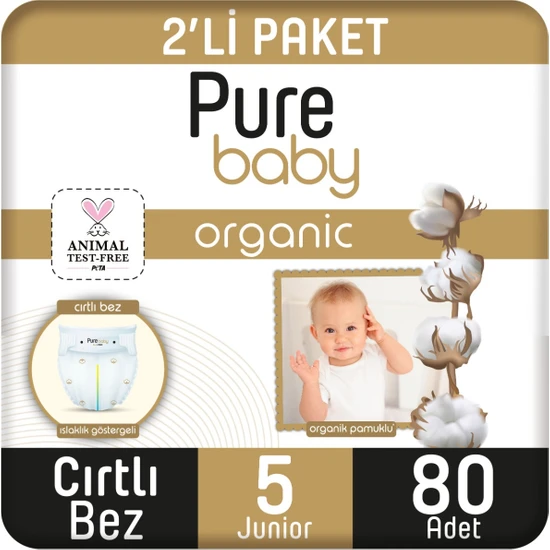 Pure Baby Organik Pamuklu Cırtlı Bez 2'li Paket 5 Numara Junior 80 Adet