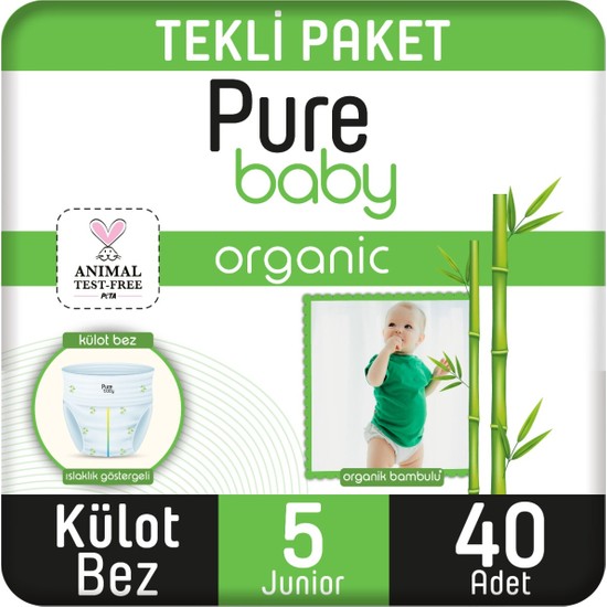 Pure Baby Organik Bambu Özlü Külot Bez Tekli Paket 5 Numara Junior 40 Adet