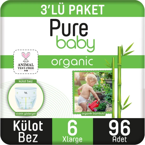 Pure Baby Organik Bambu Özlü Külot Bez 3'lü Paket 6 Numara Xlarge 96 Adet