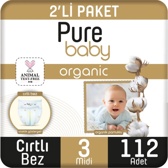 Pure Baby Organik Pamuklu Cırtlı Bez 2'li Paket 3 Numara Midi 112 Adet