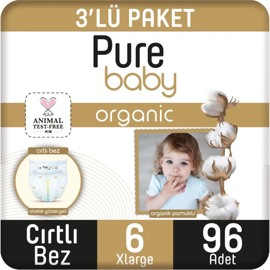 Pure Baby Organik Pamuklu Cırtlı Bez 3'lü Paket 6 Numara Xlarge 96 Adet
