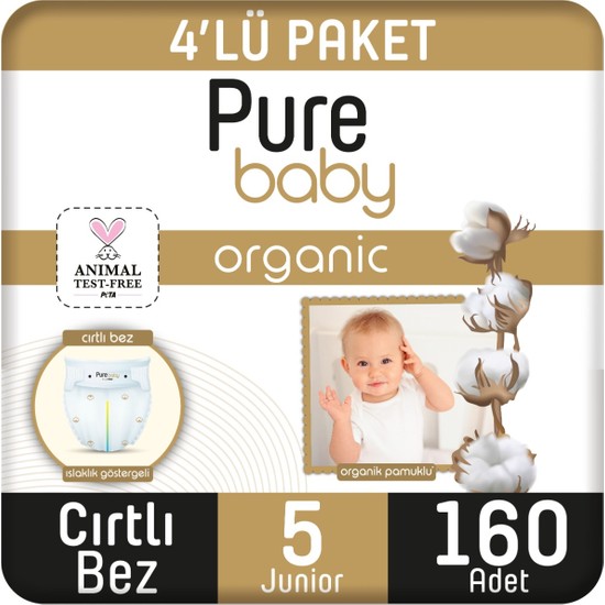 Pure Baby Organik Pamuklu Cırtlı Bez 4'lü Paket 5 Numara Junior 160 Adet