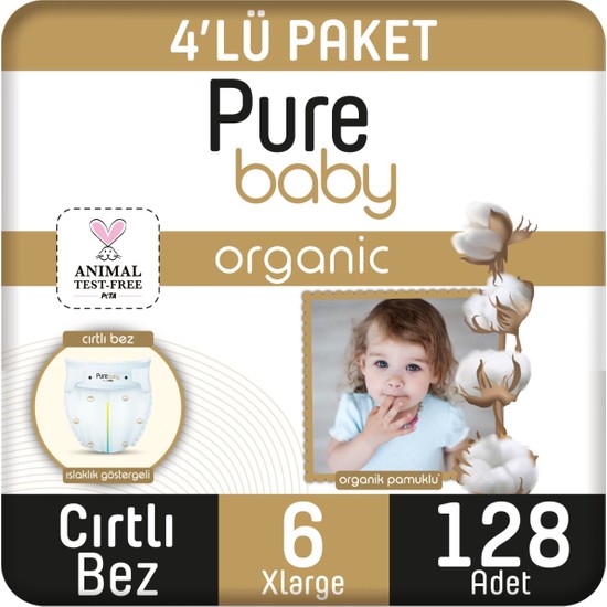 Pure Baby Organik Pamuklu Cırtlı Bez 4'lü Paket 6 Numara Xlarge 128 Adet