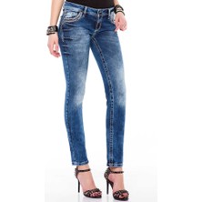 Cipo & Baxx WD352 Cepleri Nakışlı Slim Fit Mavi Bayan Kot Pantolon