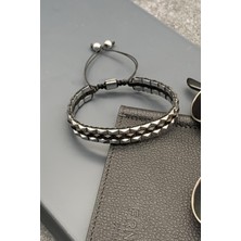 Frnch Hematit Taşlı Gümüş-Siyah Renkli Ayarlanabilir Makrome Erkek Bileklik FRJ11529-1629-A2B2