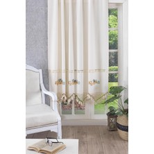 Ödel Buldan Ajurlu El İşi Dantelli Yaprak Nakışlı Perde-Naturel&Hardal