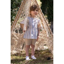 Kimono Kollu Çocuk Bluz Mavi Çizgili Desenli Organik Pamuk