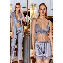 Kadınlar İçin Jeremi Gri Saten Büstiyerli 4'lü Set, Kaliteli Kumaş ve Şık Tasarım