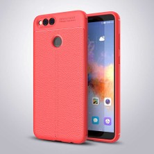Nevarium Huawei Honor 7x Kılıf Deri Dokulu Kamera Korumalı Silikon - Kırmızı