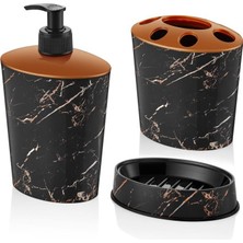 abnturk Siyah Mermer Desen 3 Parça Banyo Lavabo Seti Diş Fırçalık Sıvı+Katı Sabunluk Kırılmaz Özel Plastik