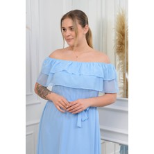Neşeli Butik Kadın Bebe Mavisi Kuşaklı Büyük Beden Şifon Elbise NB8061