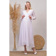 Neşeli Butik Kadın Beyaz Kruvaze Yaka Baby Shower Şifon Hamile Elbise HML003