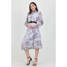 Neşeli Butik Kadın Beyaz Kemerli Yeni Sezon Midi Boy Desenli Şifon Elbise APCX04