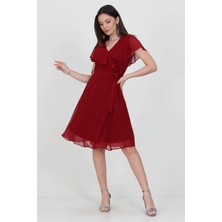 Neşeli Butik Kadın Midi Boy Yeni Sezon Kruvaze Yaka Melek Kol Şifon Elbise RY8081