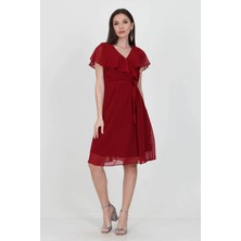Neşeli Butik Kadın Midi Boy Yeni Sezon Kruvaze Yaka Melek Kol Şifon Elbise RY8081