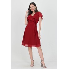 Neşeli Butik Kadın Midi Boy Yeni Sezon Kruvaze Yaka Melek Kol Şifon Elbise RY8081