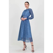 Neşeli Butik Kadın Indigo Kemerli Yaka Detaylı Uzun Şifon Elbise RY0032