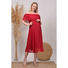 Neşeli Butik Kadın Mürdüm Madonna Yaka Şifon Hamile Elbisesi HML8060