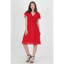 Neşeli Butik Kadın Midi Boy Yeni Sezon Kruvaze Yaka Melek Kol Şifon Elbise RY8081