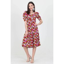 Neşeli Butik Kadın Kare Yaka Eteği Fırfırlı Çiçek Desenli Viskon Elbise NB10026