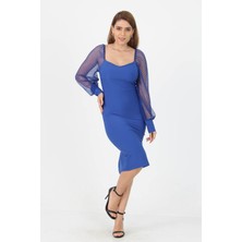 Neşeli Butik Kadın Yeni Sezon Kolları Tül Midi Boy Likralı Elbise NB10004