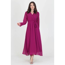 Neşeli Butik Kadın Yeni Sezon Astarlı Kruvaze Yaka Uzun Şifon Elbise NB003