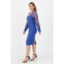 Neşeli Butik Kadın Yeni Sezon Kolları Tül Midi Boy Likralı Elbise NB10004