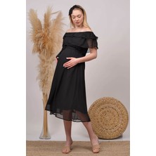 Neşeli Butik Kadın Siyah Midi Boy Madonna Yaka Şifon Hamile Elbisesi HML8060