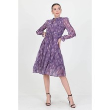 Neşeli Butik Kadın Beli Büzgülü Yakası Bağlama Detaylı Desenli Şifon Elbise RY0031