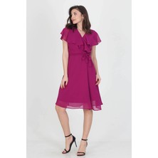 Neşeli Butik Kadın Midi Boy Yeni Sezon Kruvaze Yaka Melek Kol Şifon Elbise RY8081