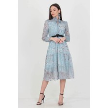 Neşeli Butik Kadın Mint Kemerli Yeni Sezon Midi Boy Desenli Şifon Elbise APCX04
