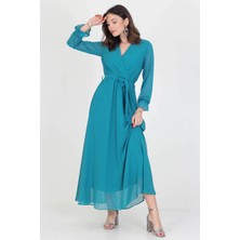 Neşeli Butik Kadın Yeni Sezon Astarlı Kruvaze Yaka Uzun Şifon Elbise NB003