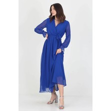Neşeli Butik Kadın Yeni Sezon Astarlı Kruvaze Yaka Uzun Şifon Elbise NB003