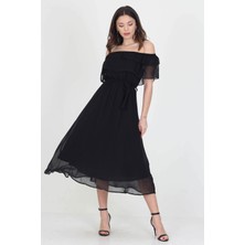 Neşeli Butik Kadın Yeni Sezon Madonna Yaka Bağlama Detaylı Şifon Elbise RY8060