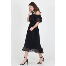 Neşeli Butik Kadın Yeni Sezon Madonna Yaka Bağlama Detaylı Şifon Elbise RY8060