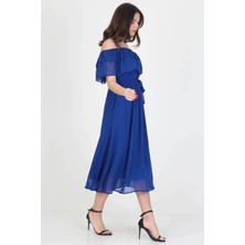 Neşeli Butik Kadın Saks Mavisi Madonna Yaka Bağlama Detaylı Şifon Elbise RY8060