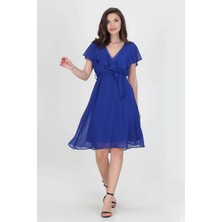 Neşeli Butik Kadın Midi Boy Yeni Sezon Kruvaze Yaka Melek Kol Şifon Elbise RY8081