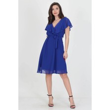 Neşeli Butik Kadın Midi Boy Yeni Sezon Kruvaze Yaka Melek Kol Şifon Elbise RY8081