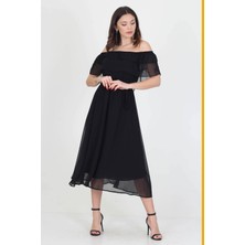 Neşeli Butik Kadın Yeni Sezon Madonna Yaka Bağlama Detaylı Şifon Elbise RY8060