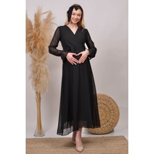 Neşeli Butik Kadın Siyah Kruvaze Yaka Baby Shower Şifon Hamile Elbise HML003